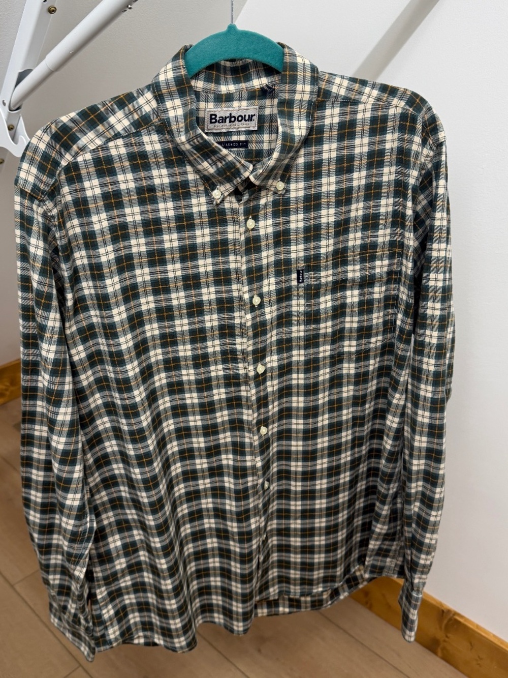 Barbour Tailored Fit Plaid Green/Cream  Button Down Shirt Men's L